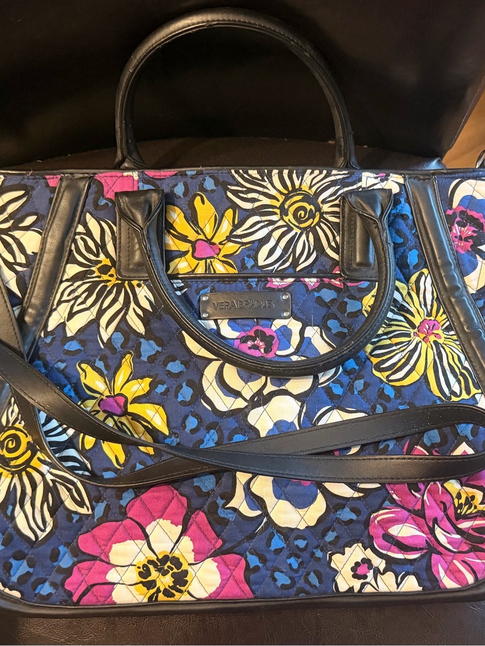 Vera Bradley African Violet Multi Floral Quilted Tote with Black Trim